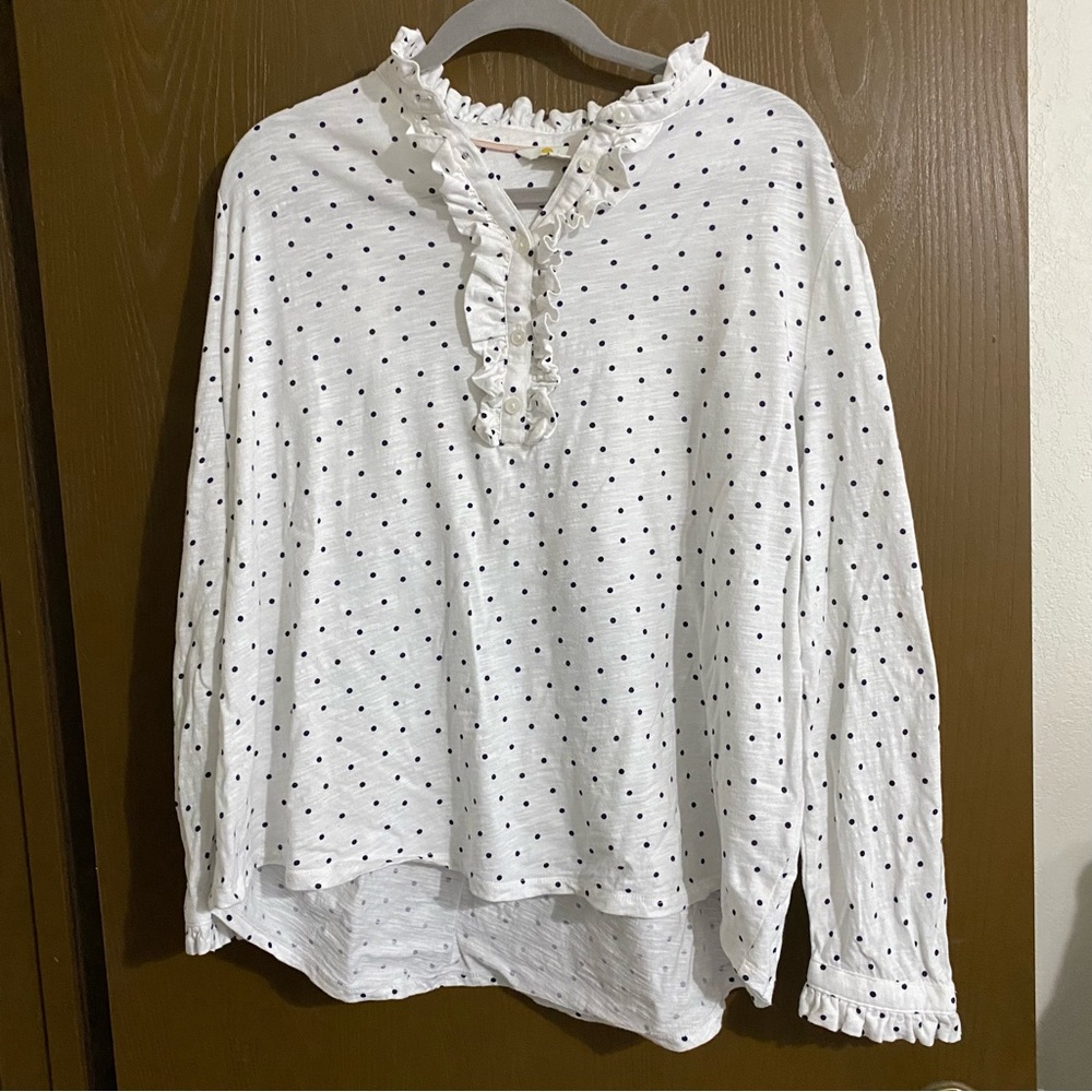 Boden women’s blouse white w/ navy polka dots long sleeve cotton ruffles